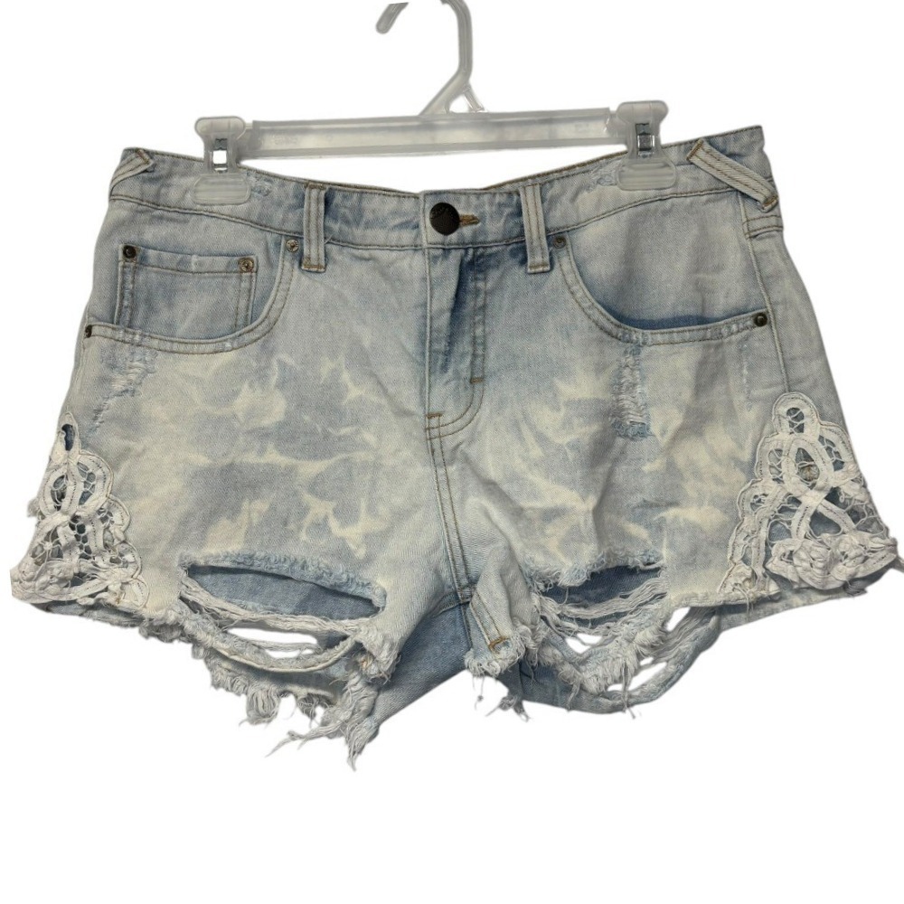 Free People Women's Denim Shorts Bleach Wash Distressed Lace Accents Size 28